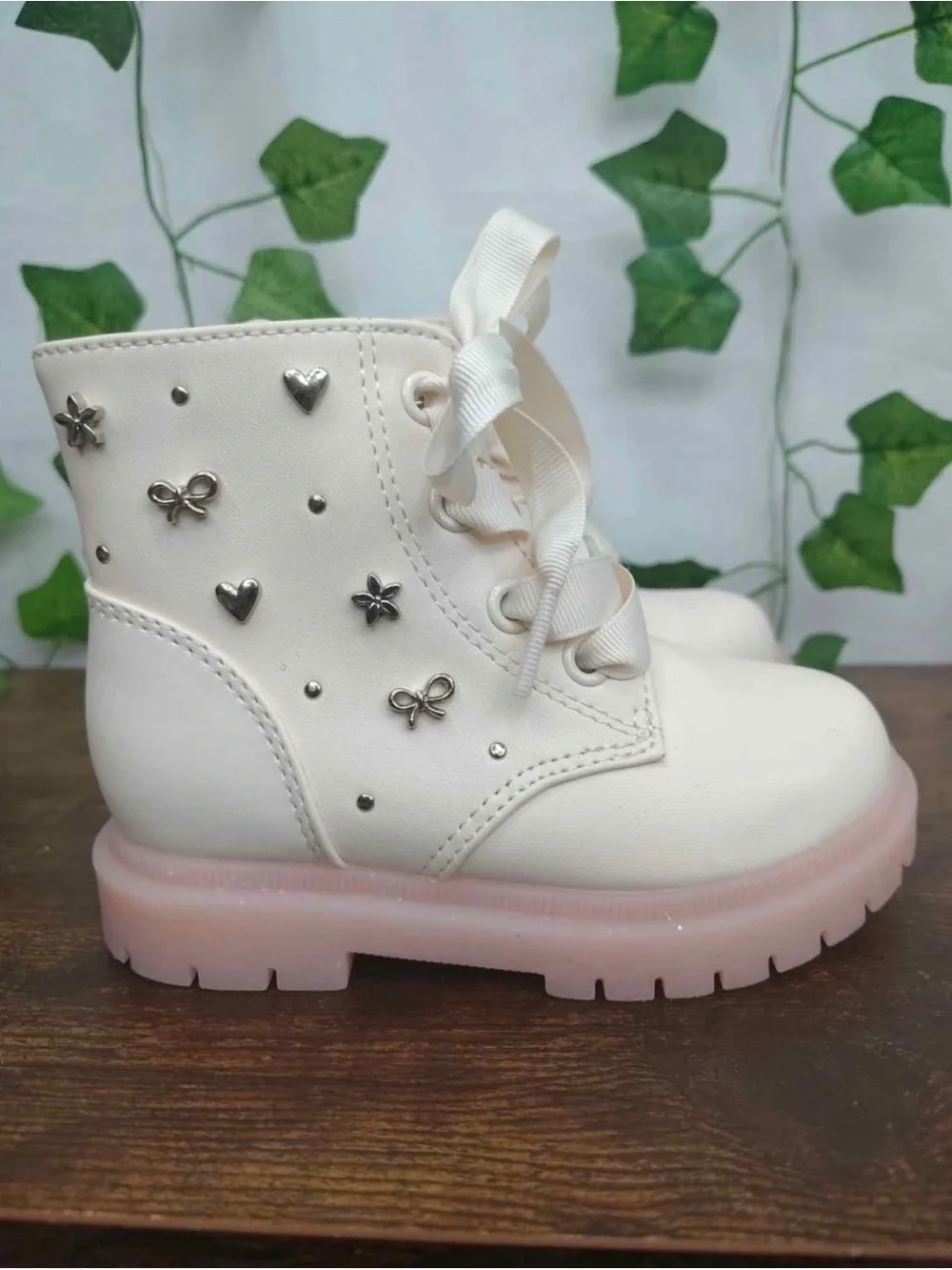 Kids White Lace-Up Ankle Boots with Pink Sole and Silver Studs